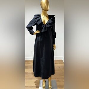 COS Women Deep V-neck Ruffled Maxi Dress Black Long Sleeve & Pockets ~Size 6 EUC